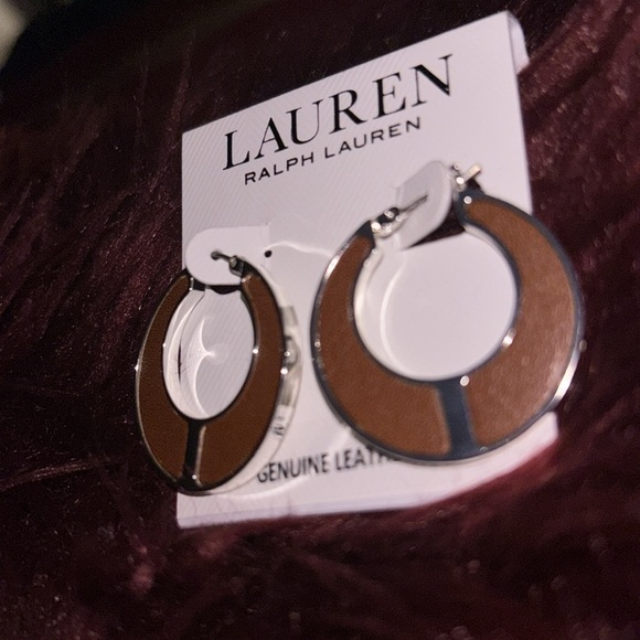 Ralph Lauren Silver and Brown Leather Hoop Earrings - Picture 5 of 10